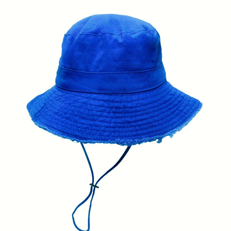 Ladies' denim drawstring torn edge bucket hat, sun resistant outdoor hiking hat, adjustable, fashionable daily travel headwear
