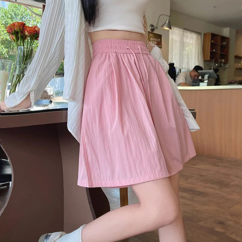 2025 New Lady Casual Ice Silk Drawstring Short Pants Girls Solid Baggy Elastic High Waisted Shorts Women Korean Wide Leg Slacks