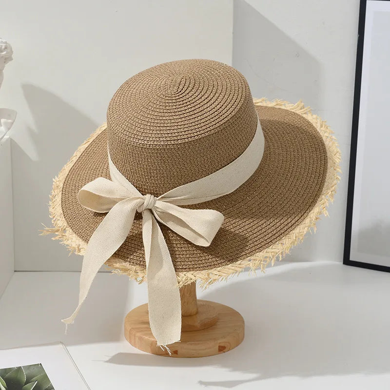 Beach Hat Japanese Everything Hairy Edge Straw Cap Female Summer Flat Top Outing Sun Hat Small Fresh Bow Sun Shade Beach Hat