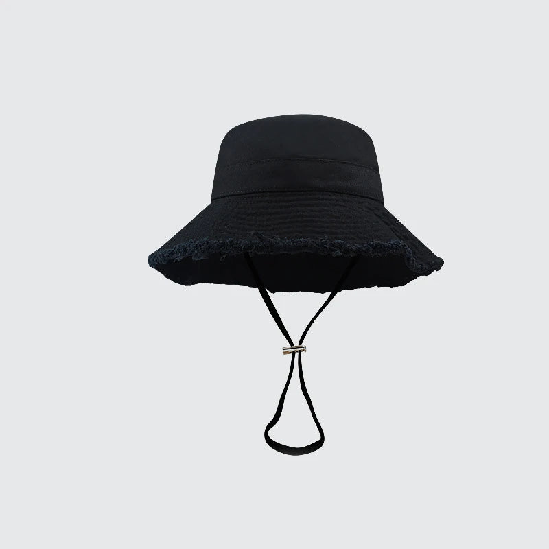 Ladies' denim drawstring torn edge bucket hat, sun resistant outdoor hiking hat, adjustable, fashionable daily travel headwear