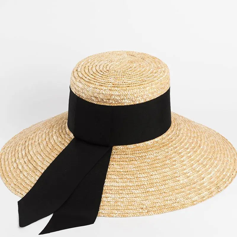Summer straw hat French elegant seaside travel sun hat bow ribbon flat top large brim straw hat hats for women