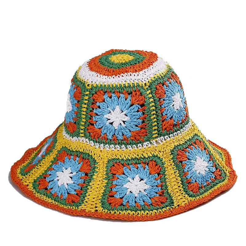 women straw hat summer Rainbow Striped Crochet Woven Straw Bucket Hat sun hat fashion Foldable straw hat travel