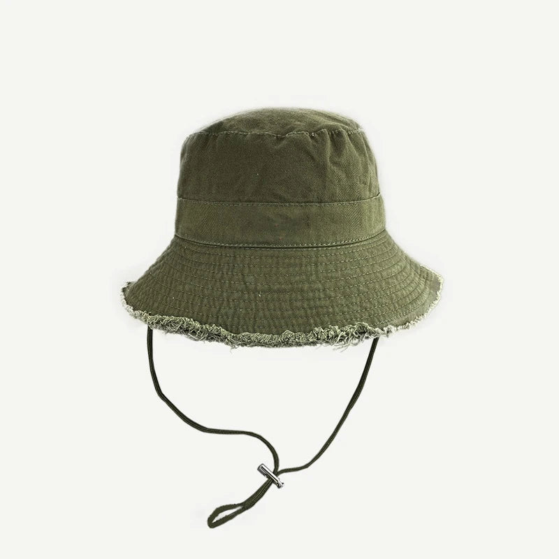 Ladies' denim drawstring torn edge bucket hat, sun resistant outdoor hiking hat, adjustable, fashionable daily travel headwear