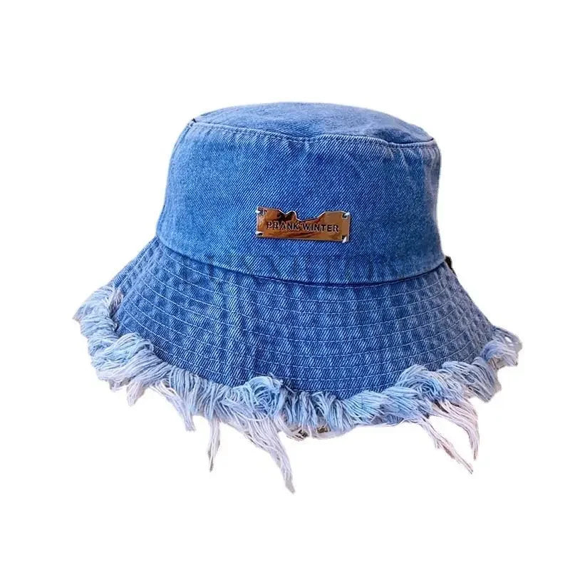 Summer Unisex Tassel Washed Denim Bucket Hats Fashion for Women Wide Brim Foldable Panama Cap Outdoor Beach Fisherman's Hat