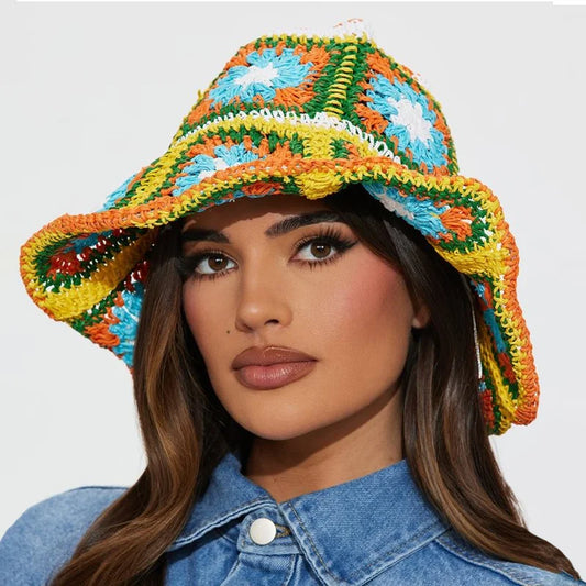 women straw hat summer Rainbow Striped Crochet Woven Straw Bucket Hat sun hat fashion Foldable straw hat travel