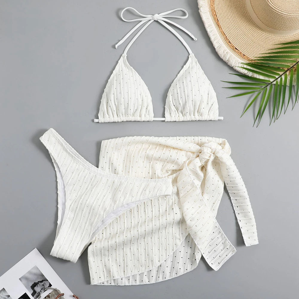 2024 Summer Halter Bikini 3 Pieces Women Special Material Sexy Thong Swimwear With Sarong Skirt White/Black/Pink/Green Beachwear
