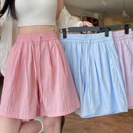 2025 New Lady Casual Ice Silk Drawstring Short Pants Girls Solid Baggy Elastic High Waisted Shorts Women Korean Wide Leg Slacks