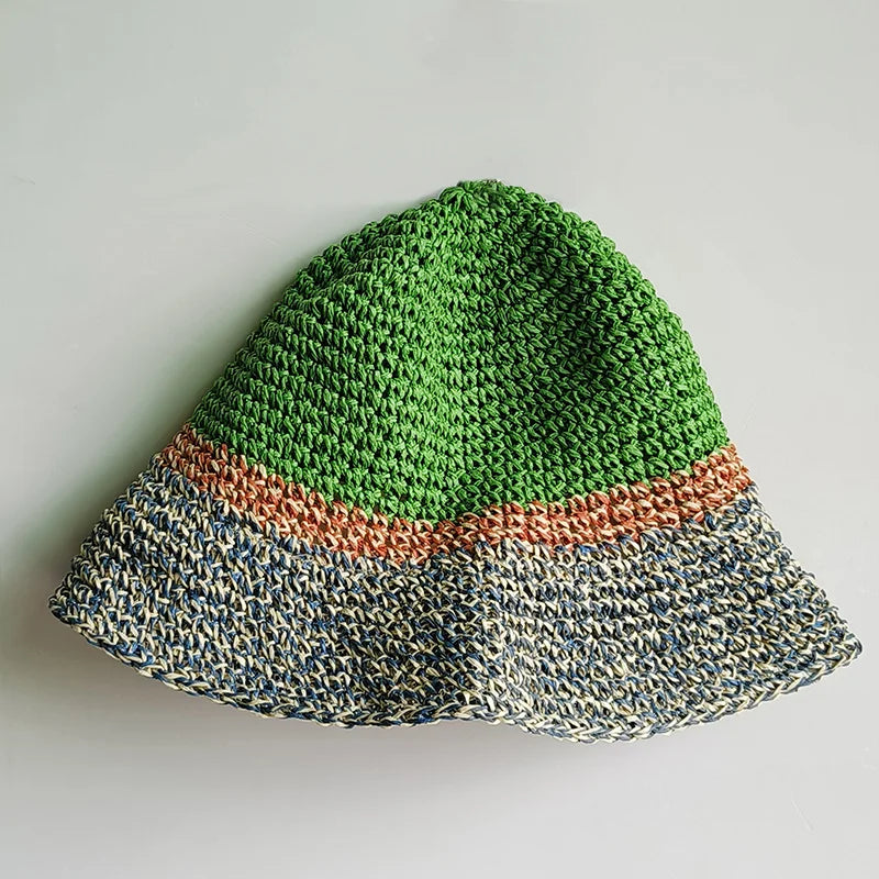 women straw hat summer Rainbow Striped Crochet Woven Straw Bucket Hat sun hat fashion Foldable straw hat travel