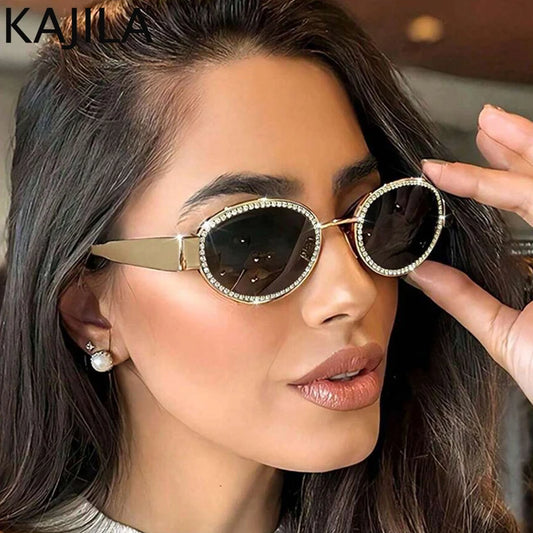Small Oval Frame Rhinestones Sunglasses Women 2025 Luxury Brand Designer Vintage Metal Sun Glasses For Ladies Eyewear Shades