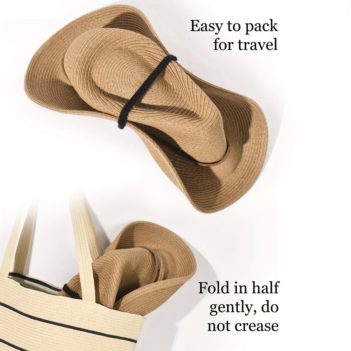 Foldable Unisex Wide Brim Straw Cowboy Hat, Sun Protection Western Cowgirl/Cowboy Hat, Summer Beach Sun Hat With Wind Lanyard