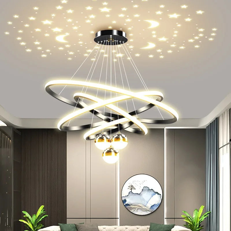 Modern Living Room Ring Chandelier with Moon Stars Creative Black/Gold Ring Circle LED Chandelier Light for Bedroom Dining Room