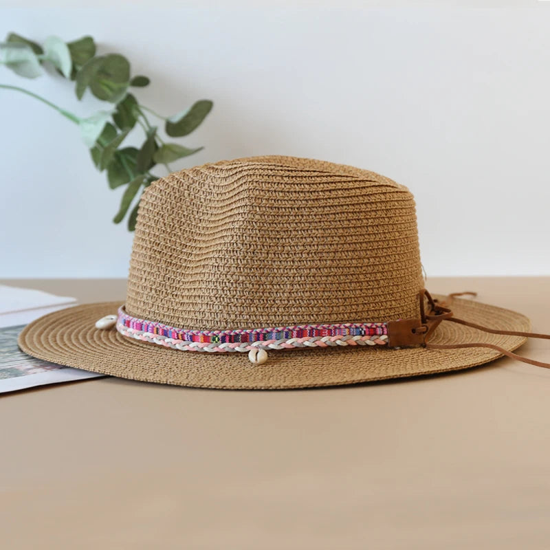Womens Mens Wide Brim Straw Panama Hat Fedora Summer Beach UV Protection Sun Hat UPF Straw Hat for Women
