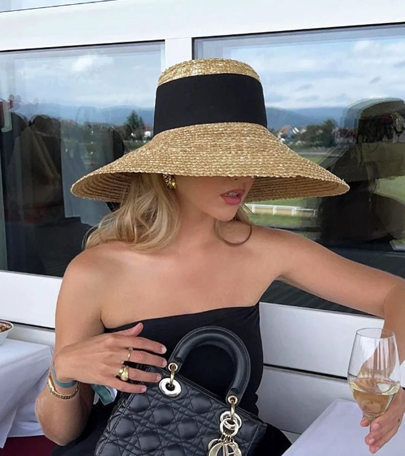 Summer straw hat French elegant seaside travel sun hat bow ribbon flat top large brim straw hat hats for women