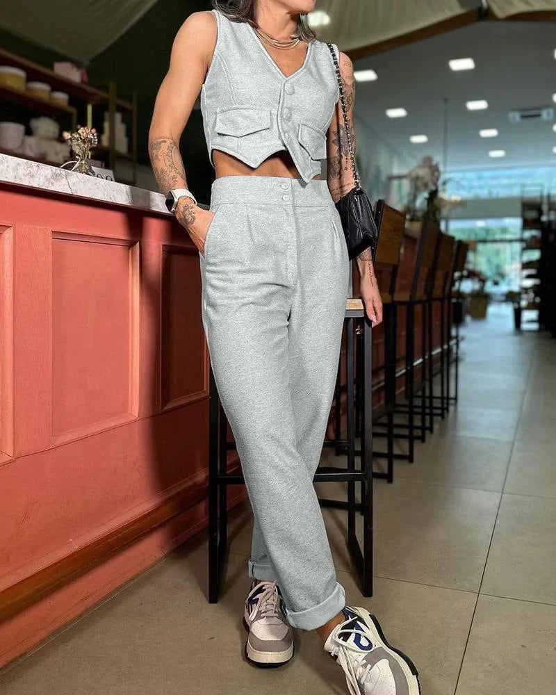 Two Piece Sets Women V Neck Sleeveless Single Breasted Vest Tops Casual Straight Long Pants Set Regular Splice 2023 Autumn