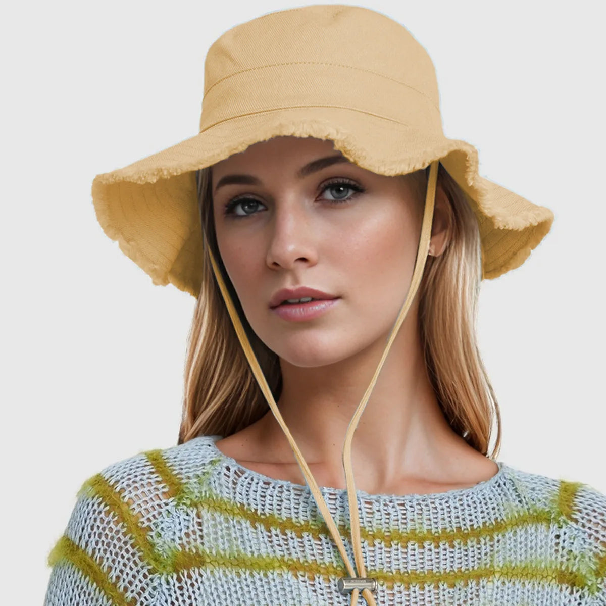 Ladies' denim drawstring torn edge bucket hat, sun resistant outdoor hiking hat, adjustable, fashionable daily travel headwear