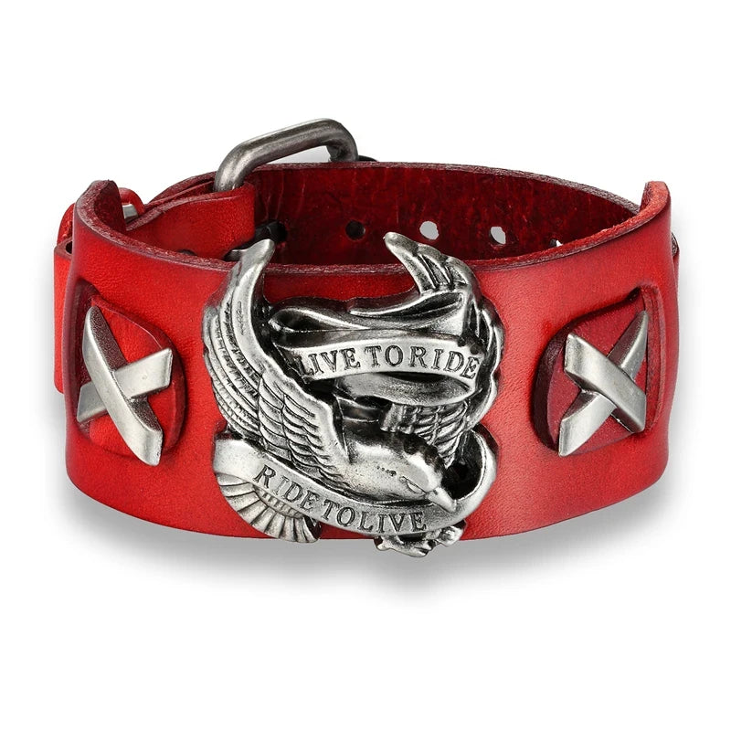 Genuine Leather Ride to live Biker Eagle Bracelets Men Gothic Rock Wide Cuff Wristband Female Motorcycle Jewelry Punk Male Gifts