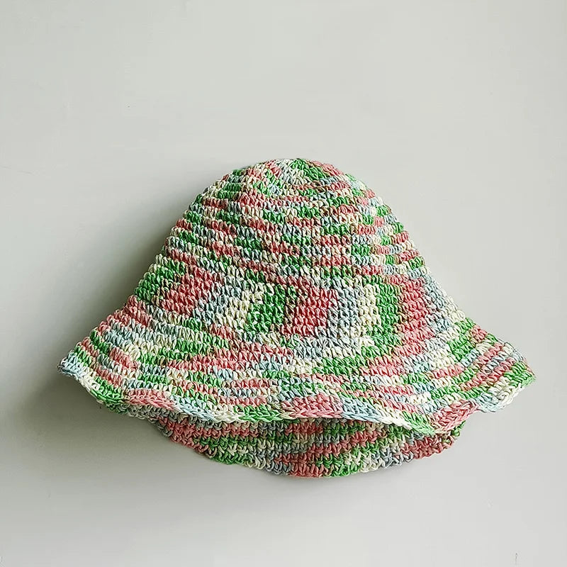 women straw hat summer Rainbow Striped Crochet Woven Straw Bucket Hat sun hat fashion Foldable straw hat travel