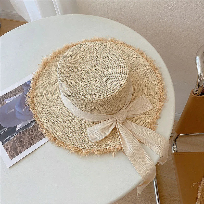 Beach Hat Japanese Everything Hairy Edge Straw Cap Female Summer Flat Top Outing Sun Hat Small Fresh Bow Sun Shade Beach Hat