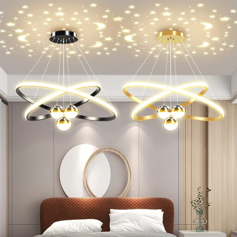 Modern Living Room Ring Chandelier with Moon Stars Creative Black/Gold Ring Circle LED Chandelier Light for Bedroom Dining Room