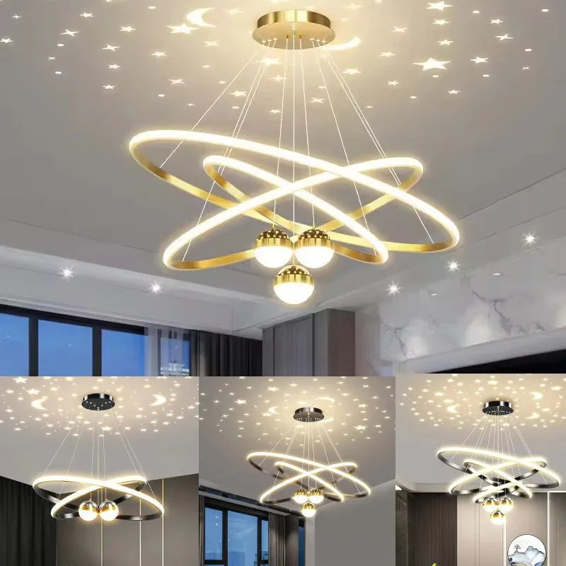 Modern Living Room Ring Chandelier with Moon Stars Creative Black/Gold Ring Circle LED Chandelier Light for Bedroom Dining Room