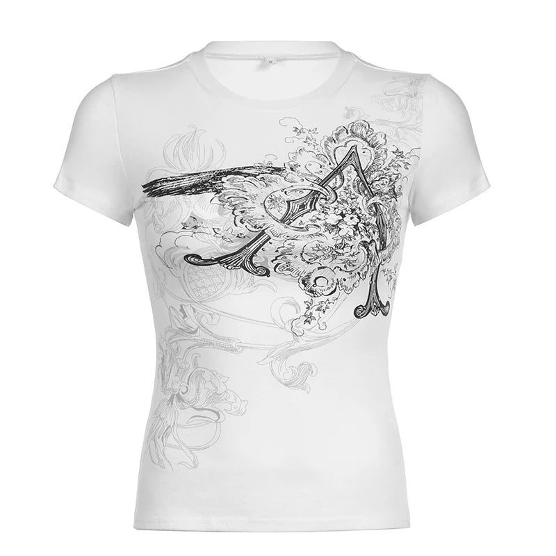 CIBBAR Retro Graphic Crop Top White Short Sleeve O Neck Casual T Shirt for Women y2k Aesthetic Vintage Basic Tees Ladies Clothes