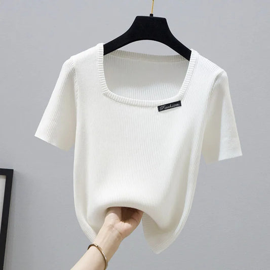 Square Collar Knitted T Shirt For Women Short Sleeve Tshirts Basic Slim Crop Tops Mujer Summer Korean Fashion Woman Clothing