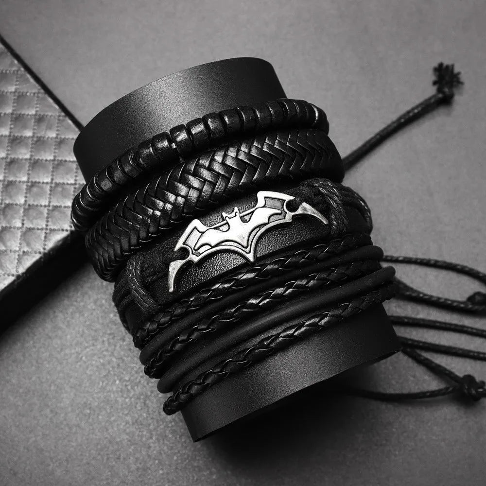 4Pcs/set Leather Beaded Black Bat Bracelet Charming Men's Bracelet New Fashion Hip Hop Punk Accessories Jewelry Gift Wholesale