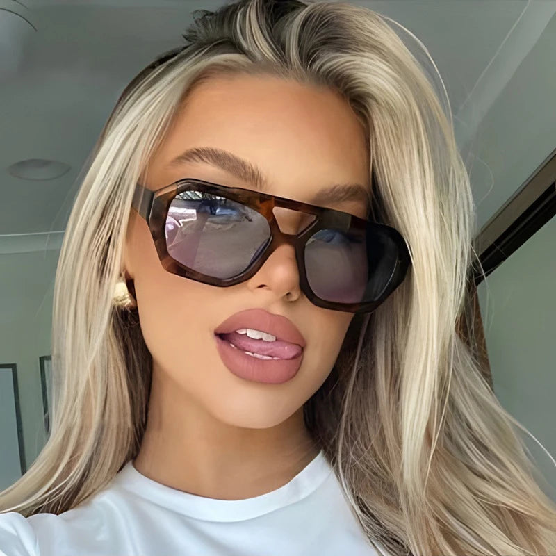 Retro Double Bridges Women's Sunglasses Big Frame Leopard Brown Gradient Eyewear Fashion Brand Designer Sun Glasses Men Shades