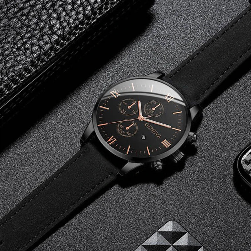 1PC Men's Watch Casual Leather Band Analog Quartz Watches with Calendar