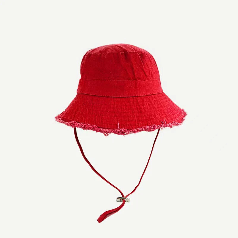 Ladies' denim drawstring torn edge bucket hat, sun resistant outdoor hiking hat, adjustable, fashionable daily travel headwear