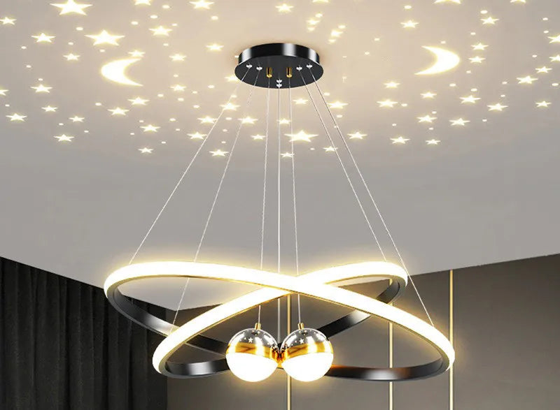Modern Living Room Ring Chandelier with Moon Stars Creative Black/Gold Ring Circle LED Chandelier Light for Bedroom Dining Room