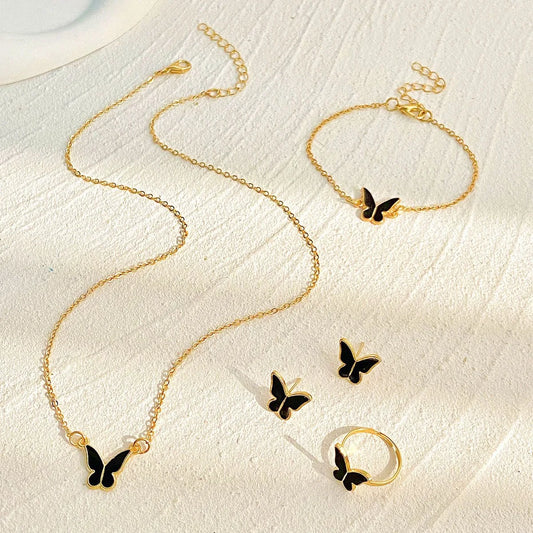 5 Pieces Gold Color Lady Enamel Butterfly Pendant Fashion Accessories Simple Necklace Bracelet Ring Earrings Party Jewelry Set