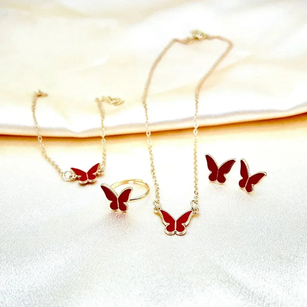 5 Pieces Gold Color Lady Enamel Butterfly Pendant Fashion Accessories Simple Necklace Bracelet Ring Earrings Party Jewelry Set