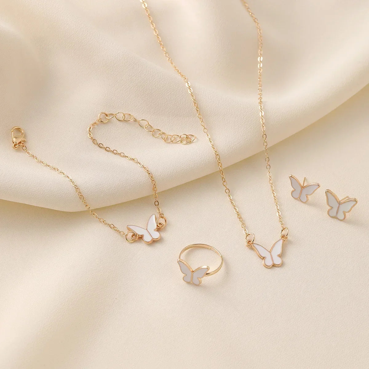 5 Pieces Gold Color Lady Enamel Butterfly Pendant Fashion Accessories Simple Necklace Bracelet Ring Earrings Party Jewelry Set