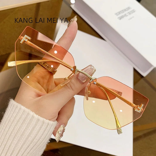 New letter inlaid diamond sunglasses for women with a sense of luxury, frameless cut edge sunglasses, cross-border fashion metal