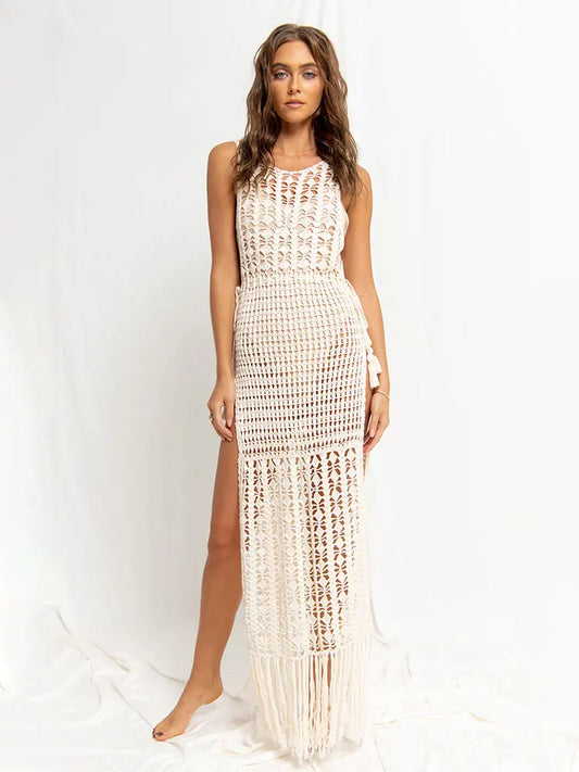 2024 White Crochet Tunic Bikini Cover-ups Sexy Hollow Out Fringed Mesh Dress Women Summer Beach Wear Swim Suit Cover Up A1289