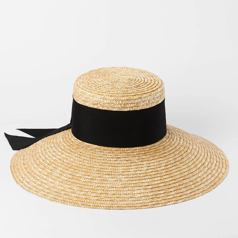 Summer straw hat French elegant seaside travel sun hat bow ribbon flat top large brim straw hat hats for women