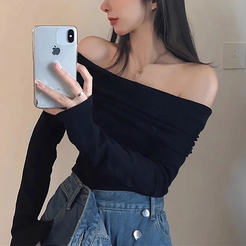 Black Sexy Tops Off Shoulder Long Sleeve T-shirt Women's Solid Elegant Autumn/Winter New Spicy Girl Slim Fit Short Red Crop Top
