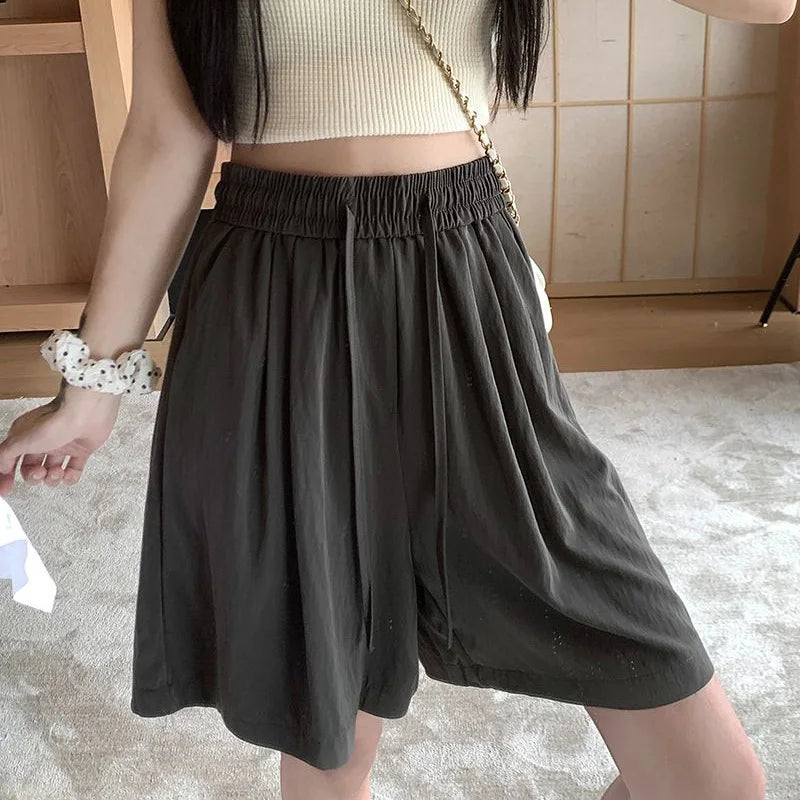 2025 New Lady Casual Ice Silk Drawstring Short Pants Girls Solid Baggy Elastic High Waisted Shorts Women Korean Wide Leg Slacks