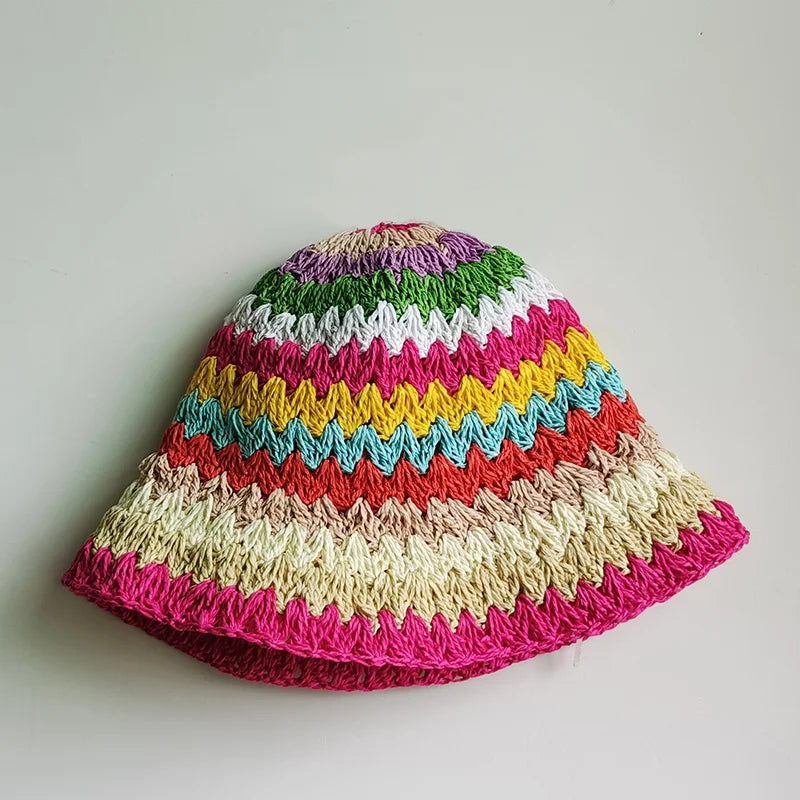 women straw hat summer Rainbow Striped Crochet Woven Straw Bucket Hat sun hat fashion Foldable straw hat travel