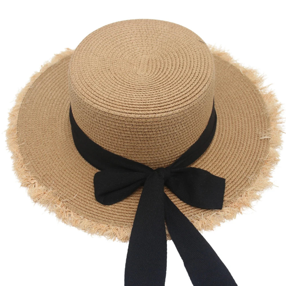 Summer Sun Protection Woven Women'S Straw Hat, Bow Tie, Elegant Beach Hat, Large Brim Sun Hat For Vacation