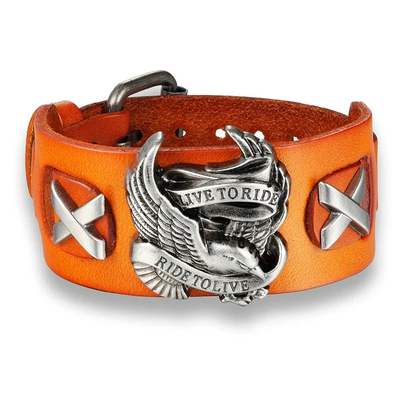 Genuine Leather Ride to live Biker Eagle Bracelets Men Gothic Rock Wide Cuff Wristband Female Motorcycle Jewelry Punk Male Gifts