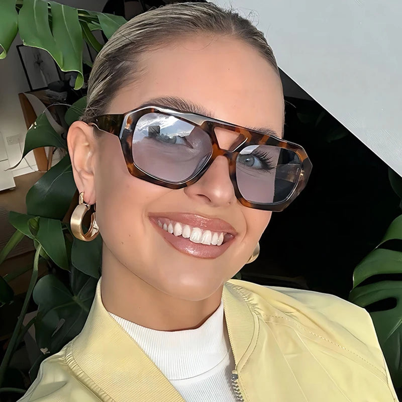 Retro Double Bridges Women's Sunglasses Big Frame Leopard Brown Gradient Eyewear Fashion Brand Designer Sun Glasses Men Shades