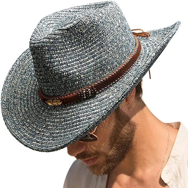 Lake Blue Cowboy Straw Hat 2023 Western Cowboy Sun Hat Spring Knight Hat Unisex Jazz Hat Summer Wide brimmed Hat sombrero hombre