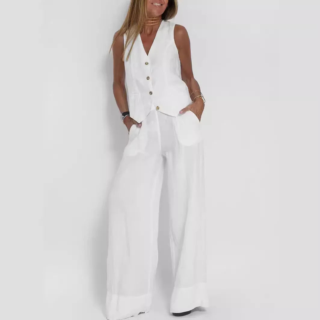 Spring Summer Suit Set Women'S Cotton Linen Wide Leg Suit Set With Sleeveless Vest Long Pants Casual Fashion Outfit 2024 New
