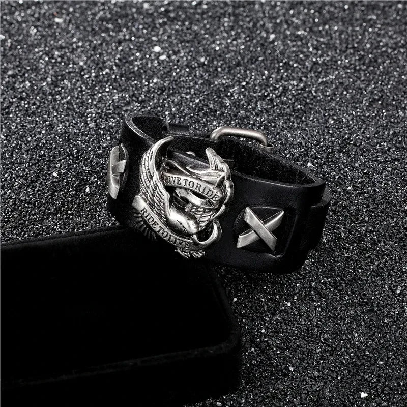 Genuine Leather Ride to live Biker Eagle Bracelets Men Gothic Rock Wide Cuff Wristband Female Motorcycle Jewelry Punk Male Gifts