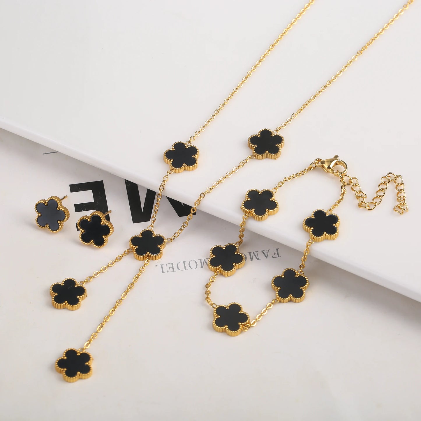 New Design Of Tassel Earrings Plum Blossom Plant Jewelry Set For Women Asymmetrical Stainless Steel Non Fading Clover