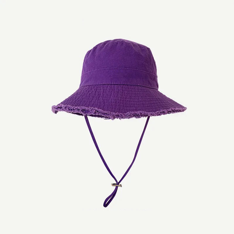 Ladies' denim drawstring torn edge bucket hat, sun resistant outdoor hiking hat, adjustable, fashionable daily travel headwear
