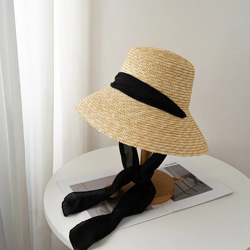 Summer straw hat French elegant seaside travel sun hat bow ribbon flat top large brim straw hat hats for women
