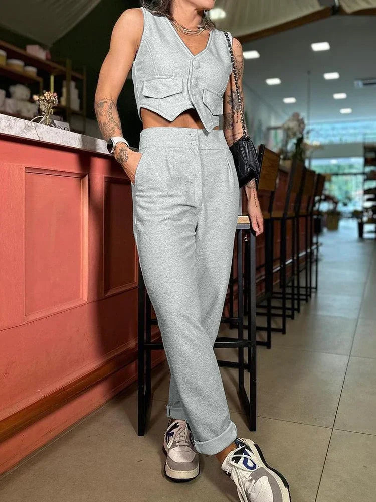 Two Piece Sets Women V Neck Sleeveless Single Breasted Vest Tops Casual Straight Long Pants Set Regular Splice 2023 Autumn